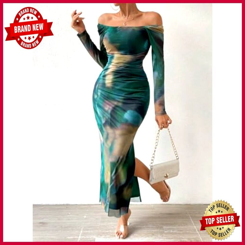 Off Shoulder Maxi Dress Long Sleeve Bodycon Ruched Mesh Elegant Formal - Picture 6 of 7